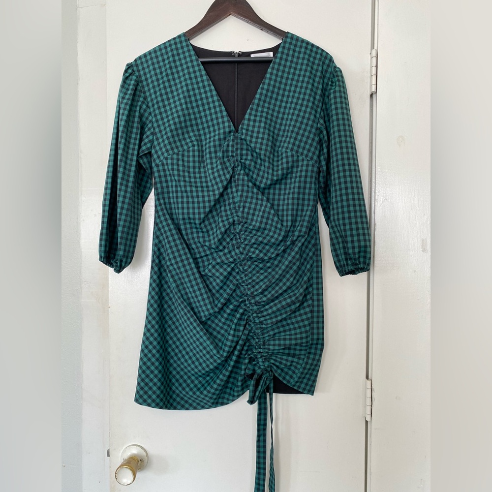 Lovers + Friends black and green checkered long sleeve cinch dress